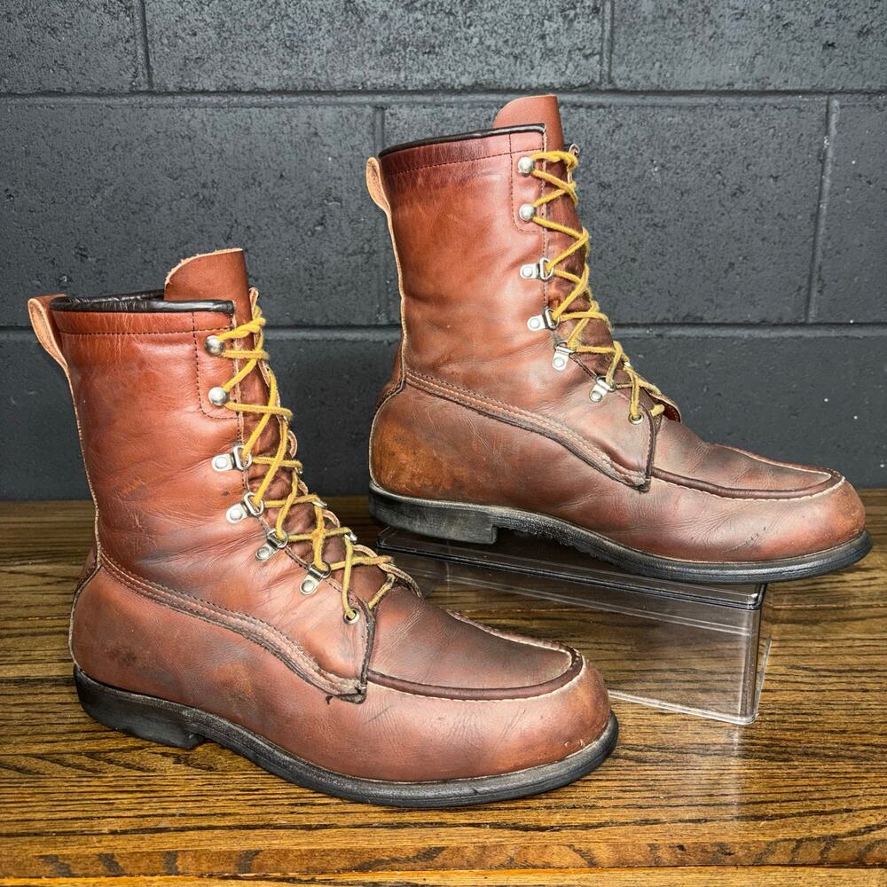Vintage USA Made Men’s Leather Moc Toe Lace Up Work Boots Brown Size 10.5 B
